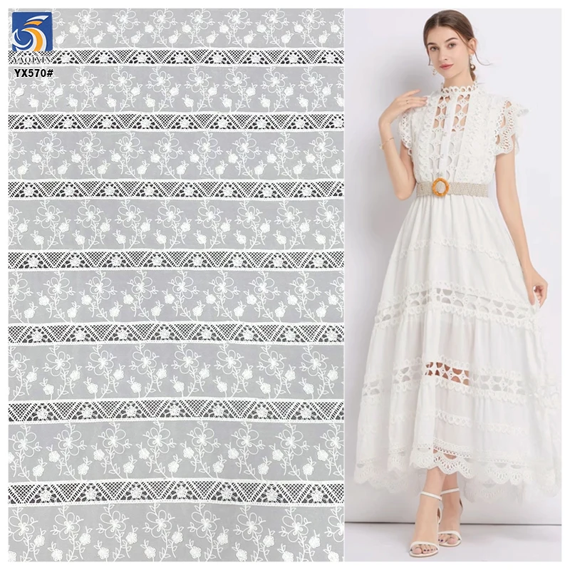 YX570 New Laser Milk Silk Polyester White Embroidery Chiffon Fabric Flowers Floral Embroidered for Women Dresses - 100%...
