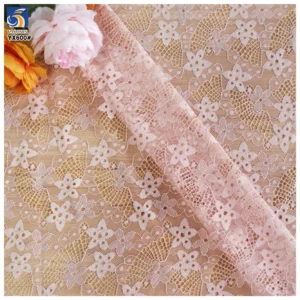 YX600 Low MOQ Cheap 100 Polyester Chantilly Lace Fabric Mesh Five-Star Lace Fabric for Home Textiles and Clothing - 100%...