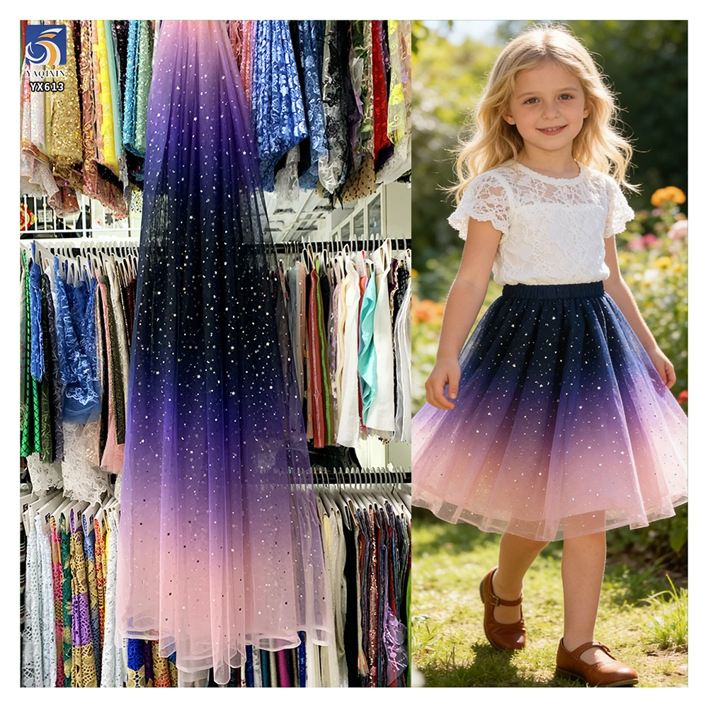 YX613 Beautiful Dark Purple Polyester Ombre Gradient Sequin Princess Skirt Tulle Fabric With Star Sequins - 100% Polyester...
