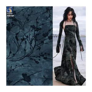 YX618 Chinese Retro Plum Blossom Flocked Burnt Flower Fabric 95 Polyester 5 Spandex Black Flock Knitted Stretch Fabric...