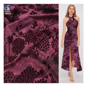 YX621 Dark Wine Red Ice Silk Tie Dyed High Stretch Fabric Spandex Chinese Flowers Flocking Fabric for Women Dress
