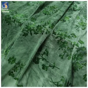 YX623 2026 New Arrivals Green Tied Dyed Elastic Retro China Dress Fabric Stretch Single Knit Fabric With Flocking Florals...