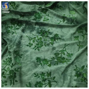 YX623 2026 New Arrivals Green Tied Dyed Elastic Retro China Dress Fabric Stretch Single Knit Fabric With Flocking Florals...