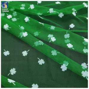YX629Lucky Design Green Patricks Day Four-Leaf Clover Mesh Tulle Fabric Poly New Arrivals Arrival Flocking Mesh Fabric...