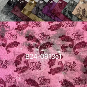 YX635 Wholesale Prices Pink Rose Flowers Flocked Spandex Stretch Fabric Knit for Chinese Catwalk Dress - 100% Polyester, 150...