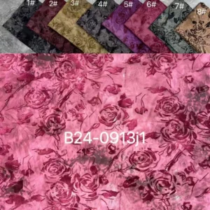 YX635 Wholesale Prices Pink Rose Flowers Flocked Spandex Stretch Fabric Knit for Chinese Catwalk Dress - 100% Polyester, 150...