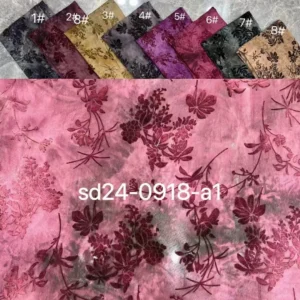 YX635 Wholesale Prices Pink Rose Flowers Flocked Spandex Stretch Fabric Knit for Chinese Catwalk Dress - 100% Polyester, 150...