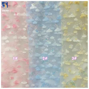 YX639 3D Embroidered Love Heart and Rainbow Bridge Sequined Tulle Fabric for Children's Clothing Valentine's Day Fabric...