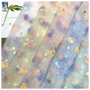 YX641 Princess Dress Lolita Children's Clothing Fabric Sequin Gradient Tulle Embroidered 3D Flowers Mesh Fabric - 100%...