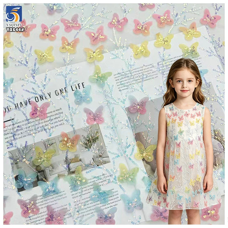 YX644 New Trends Multicolor Poly Gradient Butterfly Glitter Sequin Mesh Tulle Fabric 3D Butterfly Dress Fabric - Tricot...