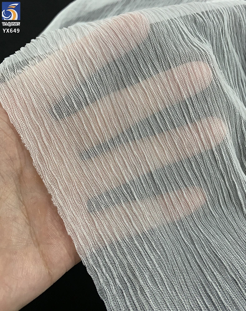 YX649 OEM Customized Colors Soft Breathable 60gsm 100 Polyester Ivory Tulle Mesh Wrinkle Crepe Fabric for Skirts - 100%...