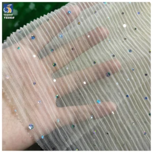 YX650 2025 Fashion Dance Skirt Fluffy Stretch Tulle Mesh Striped Pleated Fabric With Holographic Sparkle Sequins - Mesh...