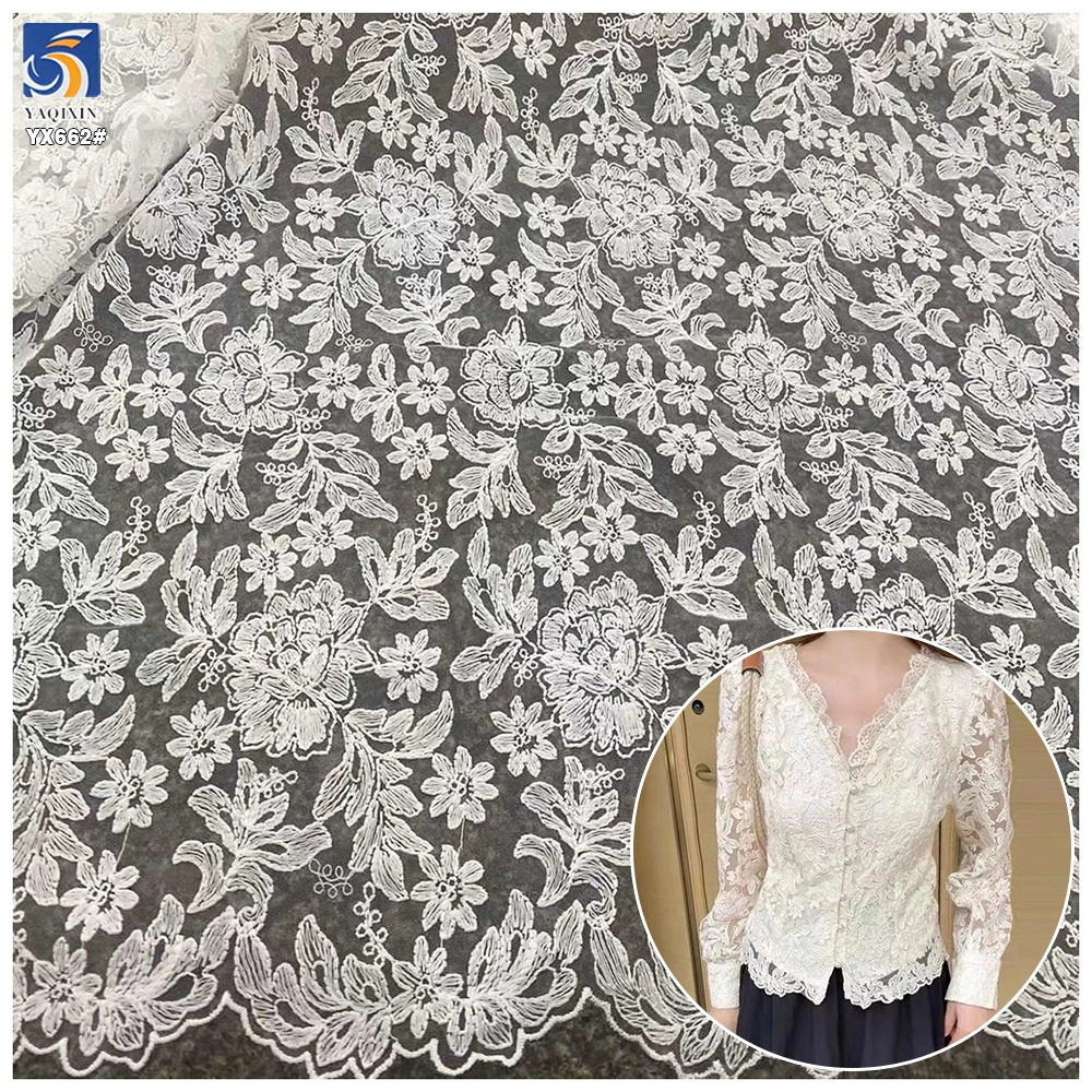 YX662 Premium Quality Embroidered Lace Fabric for Fashion Design High-End White Lace Fabric for Bridal and Evening Gowns...