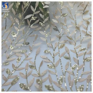 YX663 Vibrant Leaf Pattern Sequined Fabric Polyester Mesh Tulle Sequins Lace Fabric for Fashion and Evening Dress - 100%...