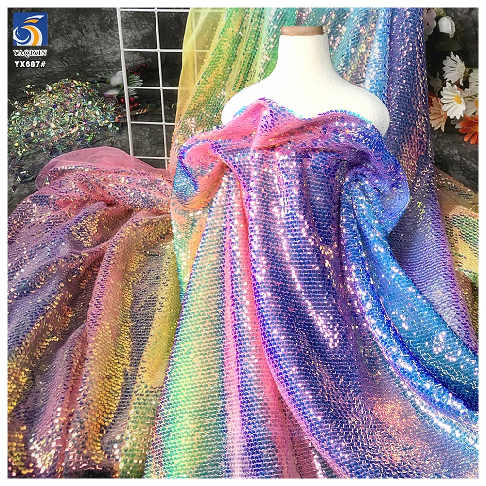 YX687 Fantasy Polyester Laser Embroidery Rainbow Sequin Fabric Shiny Mesh Lace Sequins Fabric for Performance Costumes...