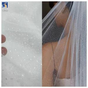 YX711 Pure White 40gsm Polyester Knitted Bridal Tulle Fabric Clear Sequins Glitter Mesh Fabric Soft Sparkle Glitter Effect...