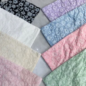 YX723 New Arrivals Elastic Mesh Flocking Fabric White Floral Design 92% Polyester 8% Spandex Stretch Flocked Mesh Fabric...