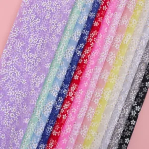 YX728 White Film Printing Florals Tulle Fabric White Floral Plum Blossom Printed Polyester Mesh Fabric for Dresses Pattern...
