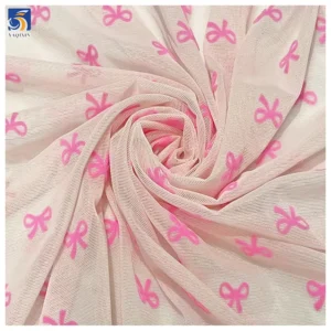 YX729 Christmas Pink Bow Tie Flocked Tulle Fabric 92 Nylon 8 Spandex Stretch Net Mesh Flocking Fabric for Lingerie Dress...