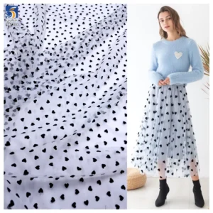 YX735-1 2026 Heart-Shaped 100% Polyester Flocked Tulle Mesh Fabric Knitted Mesh Net Fabric for Lingerie Skirts - 100%...