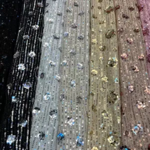 YX750 2026 Latest 3MM Elastic Mesh Sequin Flower Fabric 200gsm Rose Pattern Metallic Sequined Fabric for Skirts - Polyester...