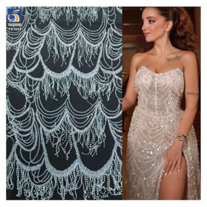 YX763 Latest Width 130cm Weight 250gsm European Style Beaded Embroidery Mesh Wedding Dress French Tassel Lace Fabric - 100%...