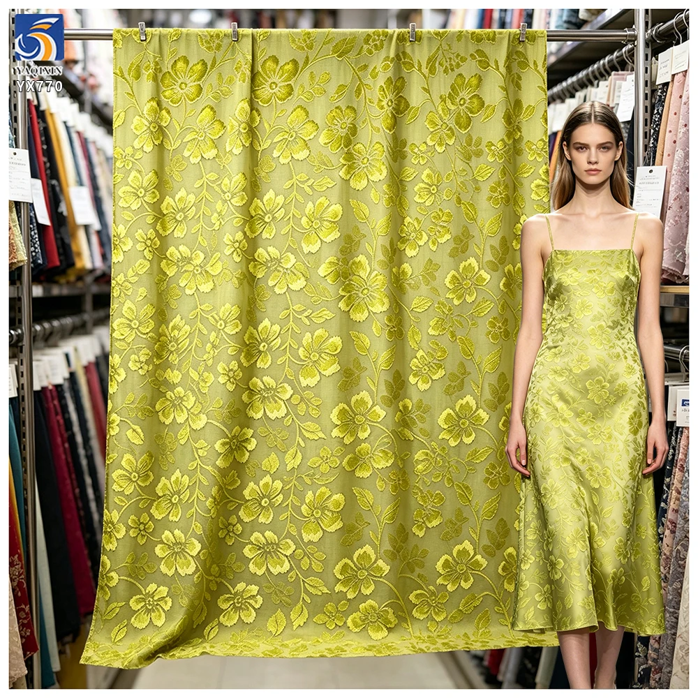 YX770 Noble and Luxurious Custom Gold Florals Satin Jacquard Fabric Polyester Stretch Jacquard Fabric for Garments - 100%...