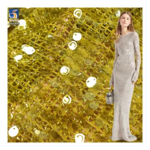 YX789 Custom Stretch Golden Sequin Embroidered Fabric Mesh Metallic Dot Knitting Sequin Stretch Fabric for Dresses - 100%...