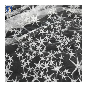 YX819 Popular Silver White Polyester Knitted Tulle Embroidered Star Fabric for Dresses Lace Home Textiles Clothing Stars...