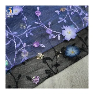 YX821 Purple Romantic Style 3D Small Florals Embroidery and Sequins Mesh Tulle Fabric for Girls Skirts Clothing Toys - 100%...