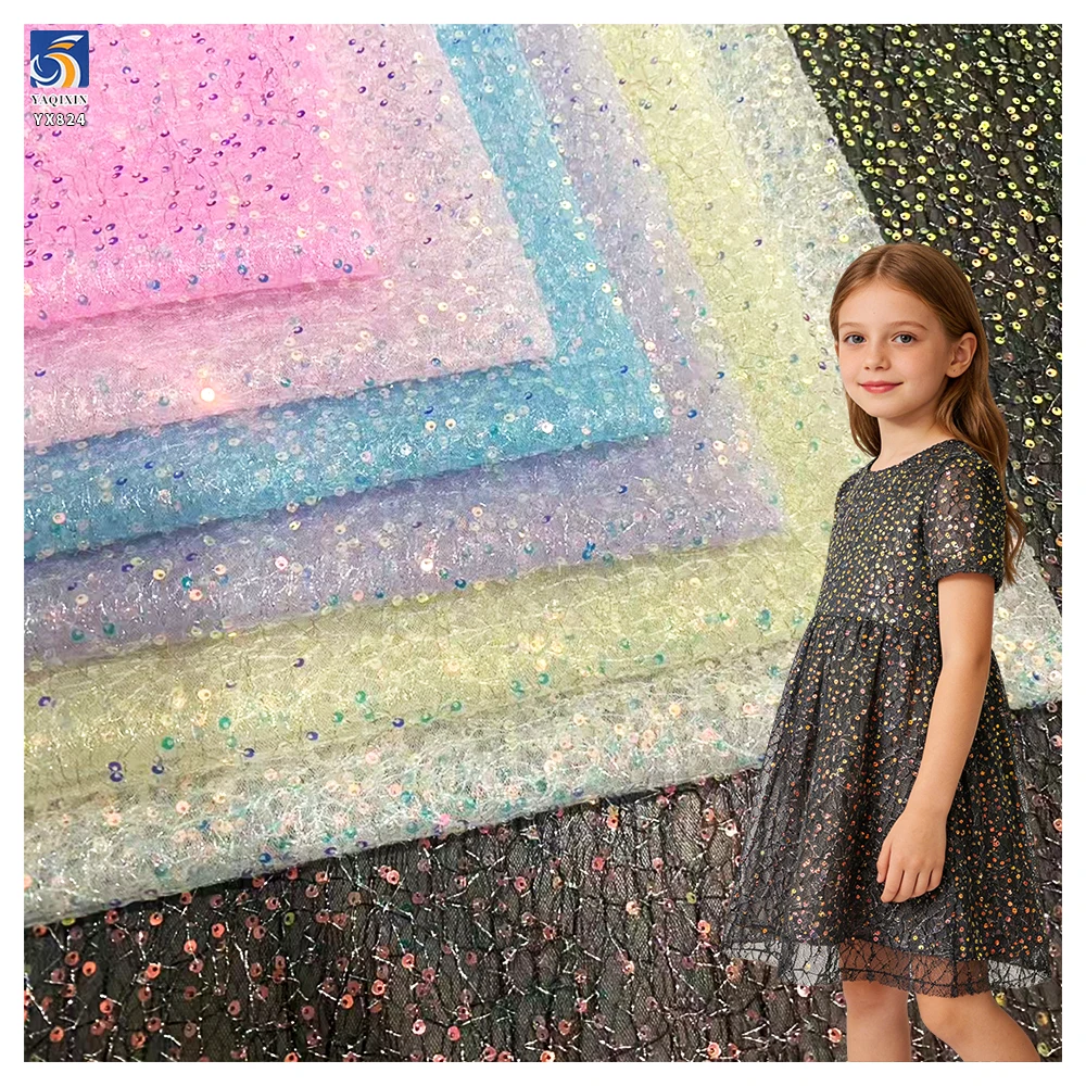 YX824 New Summer Design Silver Thread Double Layer Mesh 6mm Transparent Embroidered Sequins Fabric for Wedding Dress - 100%...