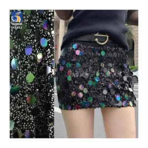 YX833 Hot 18mm and 5mm Colorful Shiny Sequin Embroidery Fabric Glittering Round Sequins Fabric for Performance Clothing...