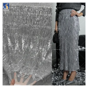 YX838 New Fashion 3mm Strip Embroidery Sequins Fabric Tassel Embroidery Skirt 3D Sequin Fabric for Dance Skirts Cheongsams...