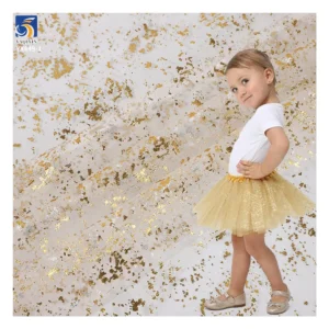 YX849-1 Children's Day Polyester Knit Foil Stamping Gold Shiny Glitter Mesh Tulle Fabric for Girls Short Tutu Skirts Fabrics...