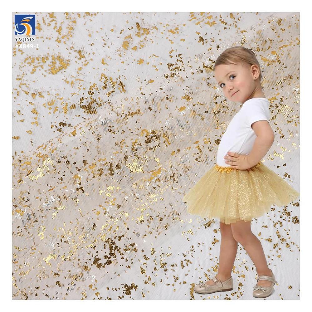 YX849-1 Children's Day Polyester Knit Foil Stamping Gold Shiny Glitter Mesh Tulle Fabric for Girls Short Tutu Skirts Fabrics...