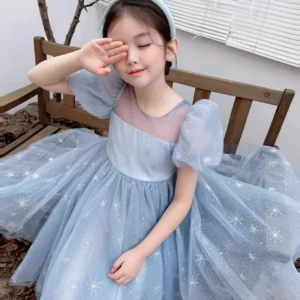 YX863 Princess El-sa Skirt Dress Silver and White Glitter Snowflake Pattern Tulle Fabric Glitter Dot Tulle Mesh Fabric for...