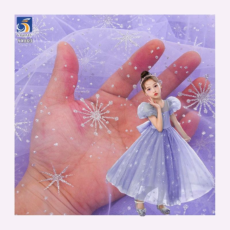 YX863 Princess El-sa Skirt Dress Silver and White Glitter Snowflake Pattern Tulle Fabric Glitter Dot Tulle Mesh Fabric for...