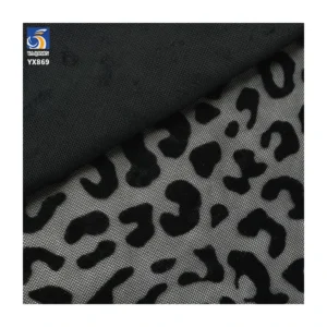 YX869 High Quality Customized Spandex Stretch Mesh Flocking Tulle Fabric Black Lace Leopard Print Mesh Fabric - Spandex...