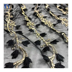 YX878 North American Customized Dark Purple Flowers Embroidery Fabric Purple Florals Tulle Mesh Fabric for Girls - 100%...