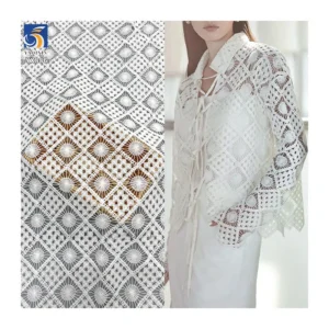 YX886 Customized Weight 150gsm Milk Silk Hollow Checkered Embroidery Water Soluble White Lace Fabric for Women's Shirt...