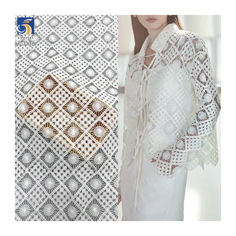YX886 Customized Weight 150gsm Milk Silk Hollow Checkered Embroidery Water Soluble White Lace Fabric for Women's Shirt...