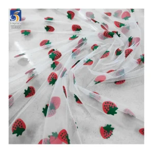 YX888 Summer Fruit Strawberry Print Fabric Polyester Tulle Mesh Strawberry Fabric for Clothing Skirt Little Girls 5 Yards...