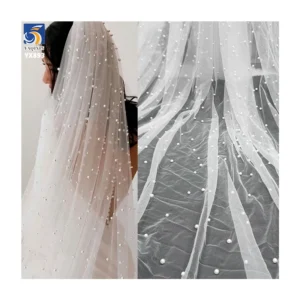 YX893-1 Online Wholesale 118 Inches 3D Beads Pearls Tulle Fabric Bridal 100 Polyester White 3D Mesh Fabric Wedding Tulle...