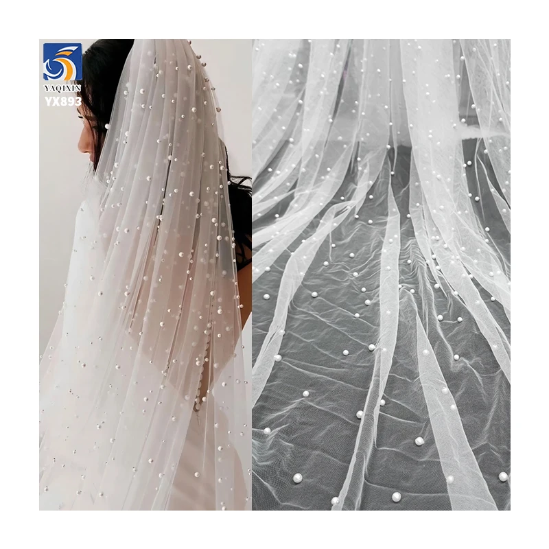 YX893-1 Online Wholesale 118 Inches 3D Beads Pearls Tulle Fabric Bridal 100 Polyester White 3D Mesh Fabric Wedding Tulle...