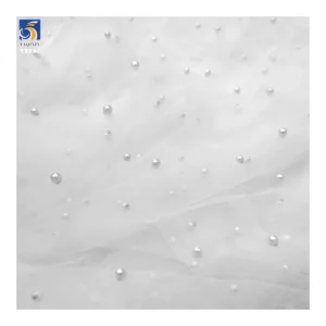 YX893 China Custom 3 Meters White Wedding Tulle Fabric Soft 3D Pearls Tulle Mesh Fabric for Bridal Wedding Veil Dress - 100%...
