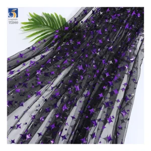 YX909 Mysterious Four-Pointed Star Mesh Fabric 100% Polyester Knitted Purple Stars Foil Printed Halloween Fabric - 100%...