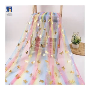 YX910 2026 Rainbow Gradient Tulle Fabric With Gold/Silver Five-Pointed Star Hot Stamping Printed Halloween Fabric for...
