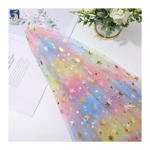 YX910 2026 Rainbow Gradient Tulle Fabric With Gold/Silver Five-Pointed Star Hot Stamping Printed Halloween Fabric for...