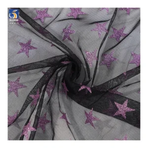 YX911 2026 Festive Halloween Purple Five-Pointed Star Halloween Stretch Mesh Fabric Black Stretch Tulle Fabric With Purple...