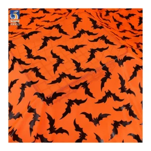 YX912 2026 New Design Black Bats Foil Print Mesh Tulle Orange Halloween Fabric Knitted Printing Halloween Mesh Fabric - 100%...